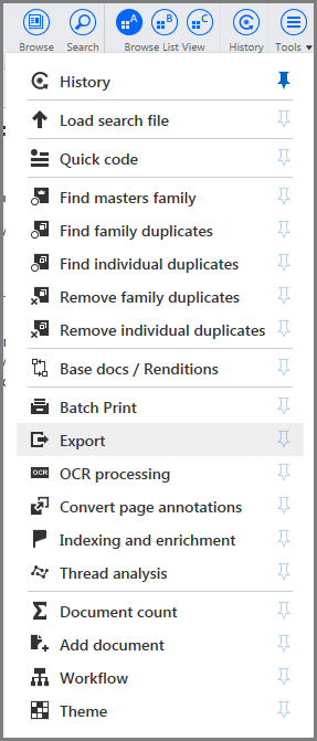 Tools menu displaying the Export option