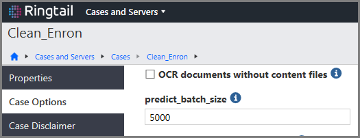 Case Options page in Portal Management - Cases and Servers, showing the OCR documents without content files option.