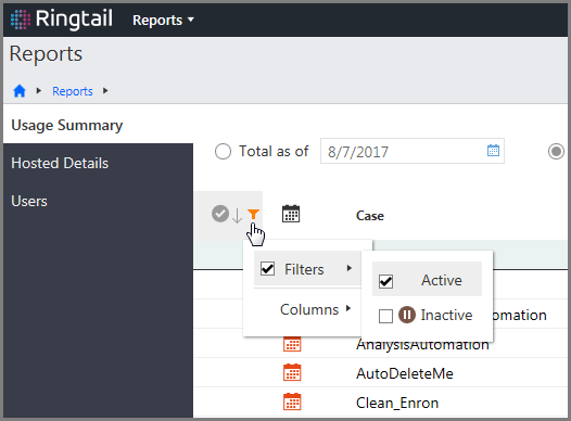 Case status indicator on the Portal Management - Reports page - Usage Summary page, showing the filter menu for active and inactive cases.