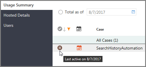 Case status indicator on the Portal Management - Reports page - Usage Summary page, showing an inactive case, and a tooltip indicating when the case was last active.