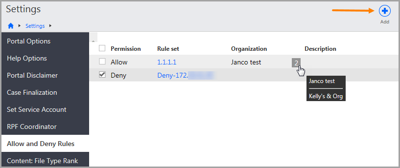 Allow and Deny Rules page in the Portal Management - Settings section. Shows an example of a Deny rule.