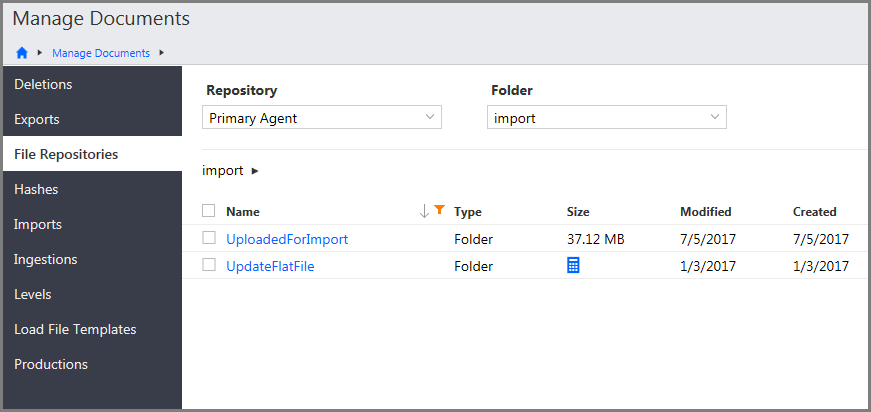 File Repositories page showing the Repository and Folder lists, as well as the table with folders and sizes