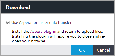 Download dialog box showing the following selected option: Use Aspera for faster data transfer, as well as a link to the Aspera plug-in