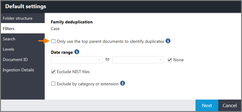 Defaults settings for ingestions showing the following option: Only use the top parent documents to identify duplicates