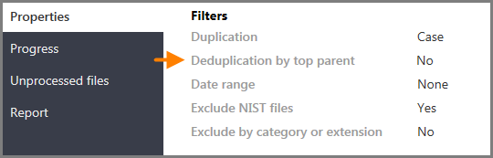Properties page for an ingestion showing the following setting in the Filters section: Deduplication by top parent (set to Yes)