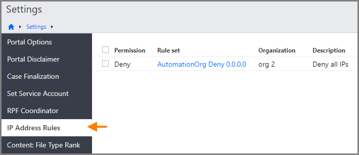 IP Address Rules page in the Portal Management section on the Settings page
