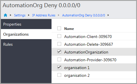 Organizations page for IP Address Rules