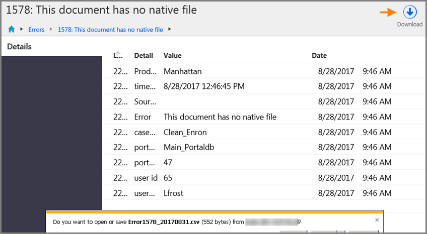 Errors page showing the Download button on the Details page