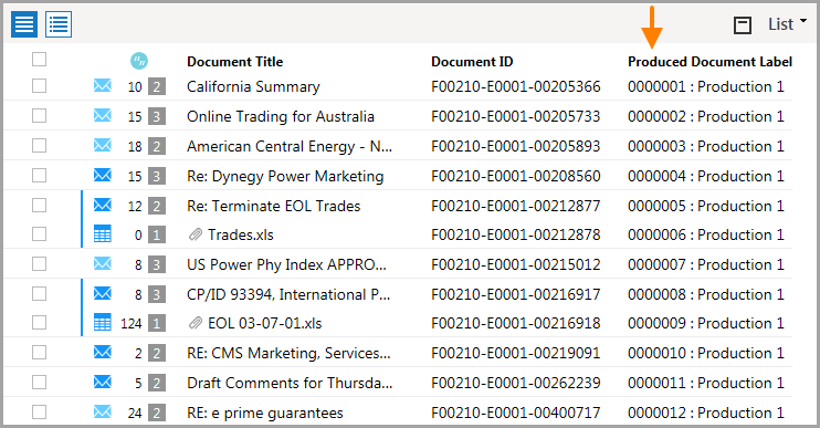 The base documents that appear in the List pane are sorted by the production field.