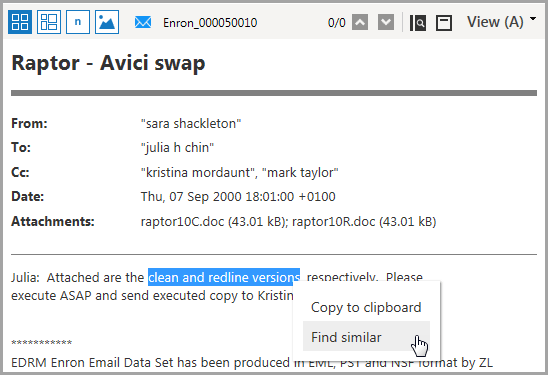 Select text in a document and search for documents that contain similar text