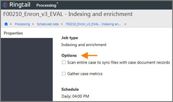Indexing and enrichment job properties page