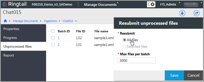 The Resubmit unprocessed files dialog box