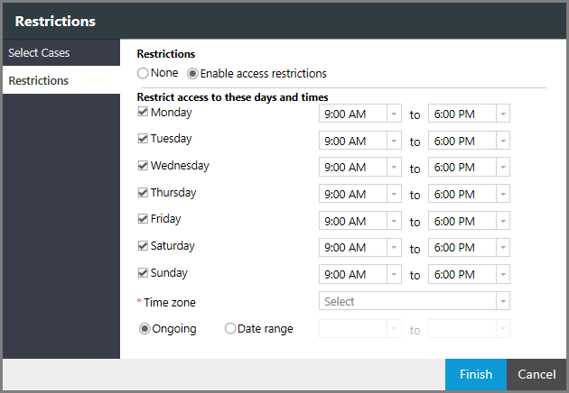 Set access restrictions on the Restrictions page