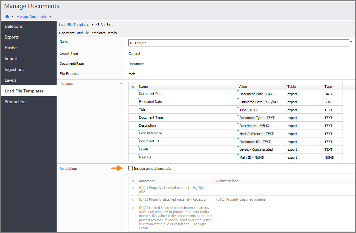 Inlcude annotations data check box