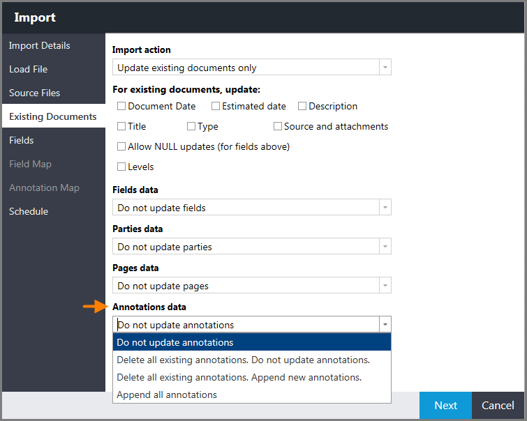 Annotations data option on Existing Documents page