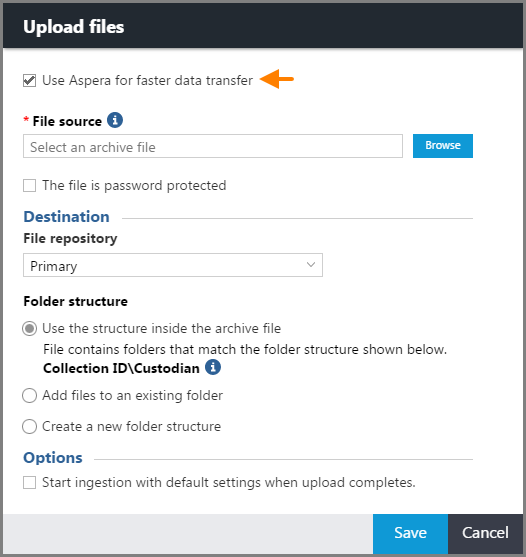Use Aspera for faster data transfer check box