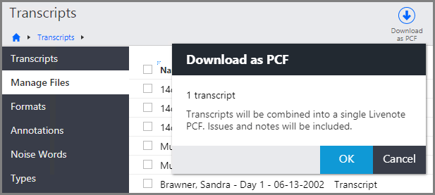 Transcripts page displaying the Download as PCF dialog box
