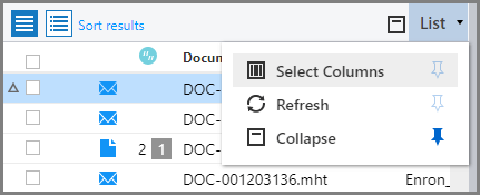 List pane displaying the List menu with the pin button next to unpinned options