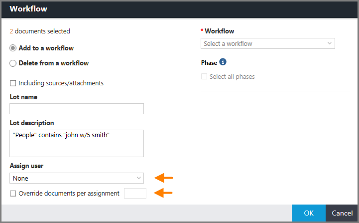 Workflow window with arrows pointing to the Assign user menu and the Override documents per assignment option and text box