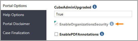 Portal Options page with an arrow pointing to the disabled EnableOrganizationsSecurity option