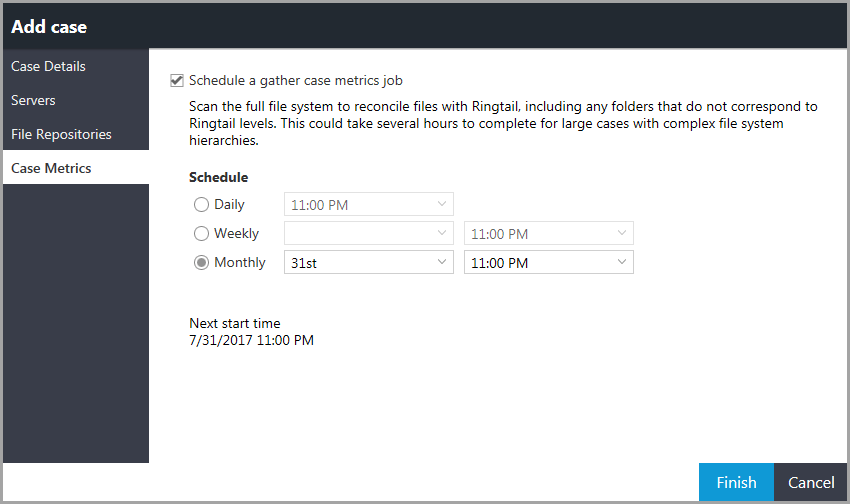 Add case window displaying the Case Metrics page, where you can schedule a case metrics job to run at regular intervals.