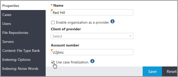 Properties page for an organization displaying the Use case finalization option