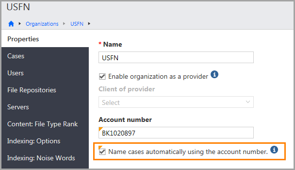 Properties page for an organization displaying the Name case automatically using the account number option