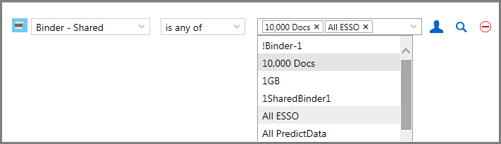 Search page showing an example of multi-selecting values using the 'is any of' operator