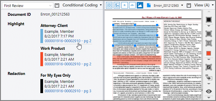 Clicking a highlight link on the Conditional Coding pane selects the highlight in the View pane
