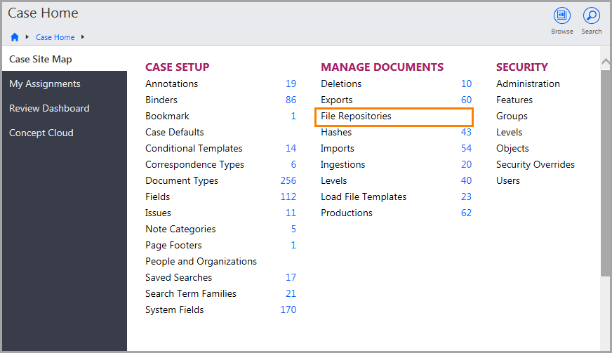 File Repositories link on the Case Home page