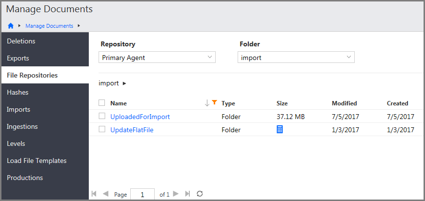 File Repositories page showing the Repository and Folder lists, as well as the table with folders and sizes.
