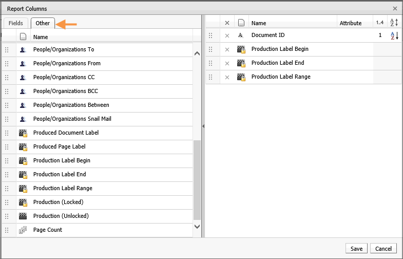 Report Columns dialog box showing the following options: Production Label Begin; Production Label End; Production Label Range
